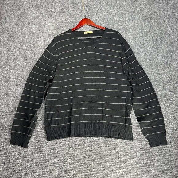 J Crew Sweater Mens Large Cotton Cashmere Black Gray Stripe V Neck Long Sleeve - Picture 1 of 7